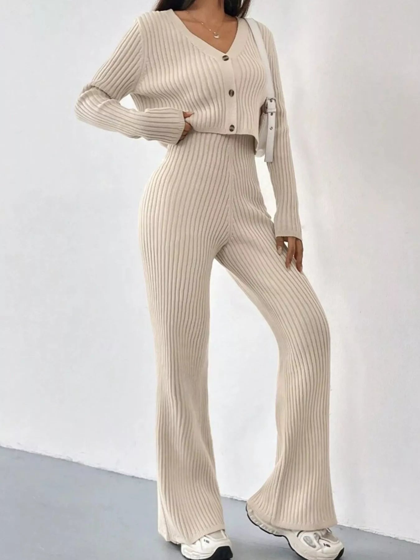 Ribbed Knit Button Up Top and Pants Set
