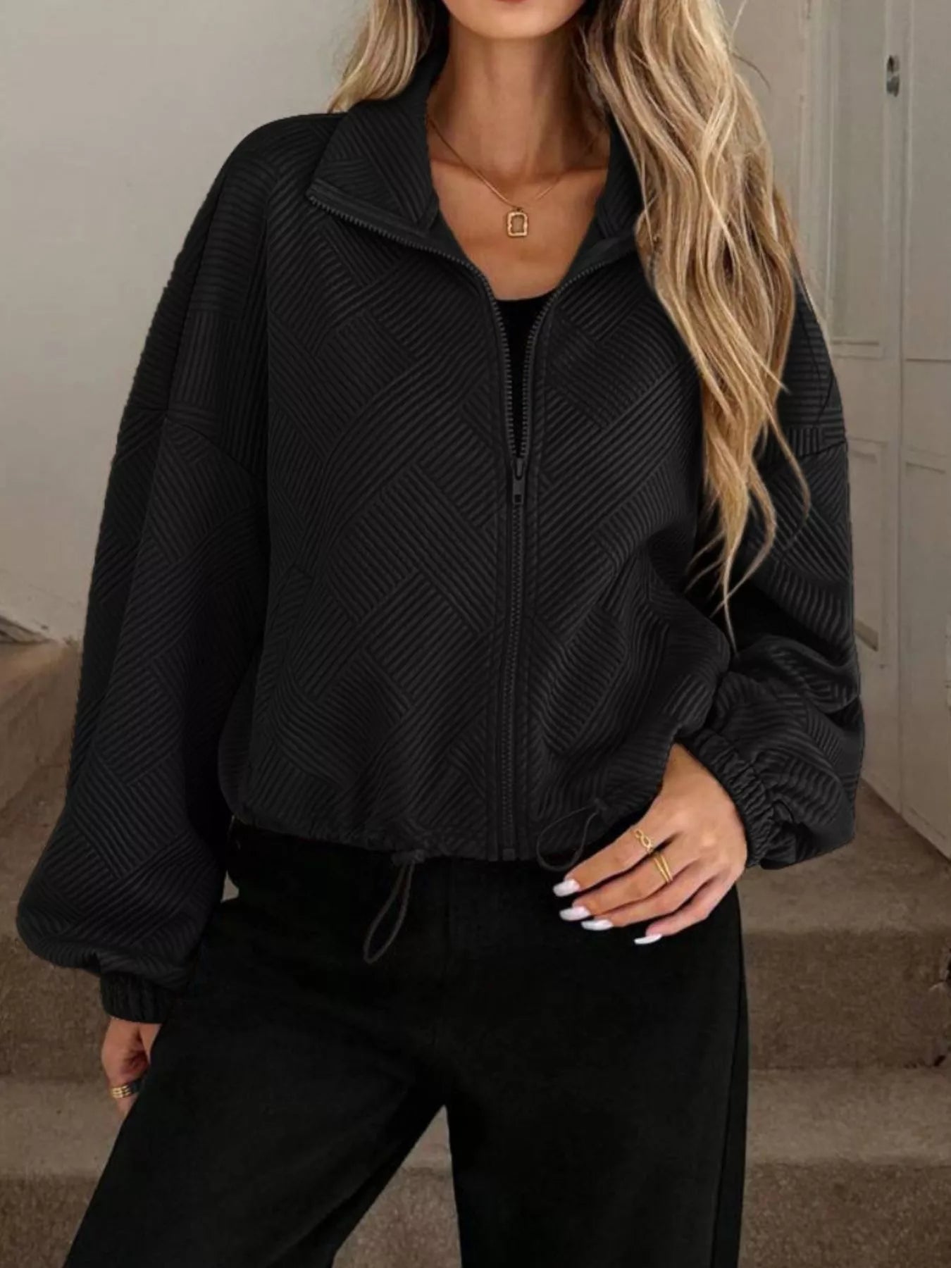 Textured Zip-Up Drawstring Hem Jacket