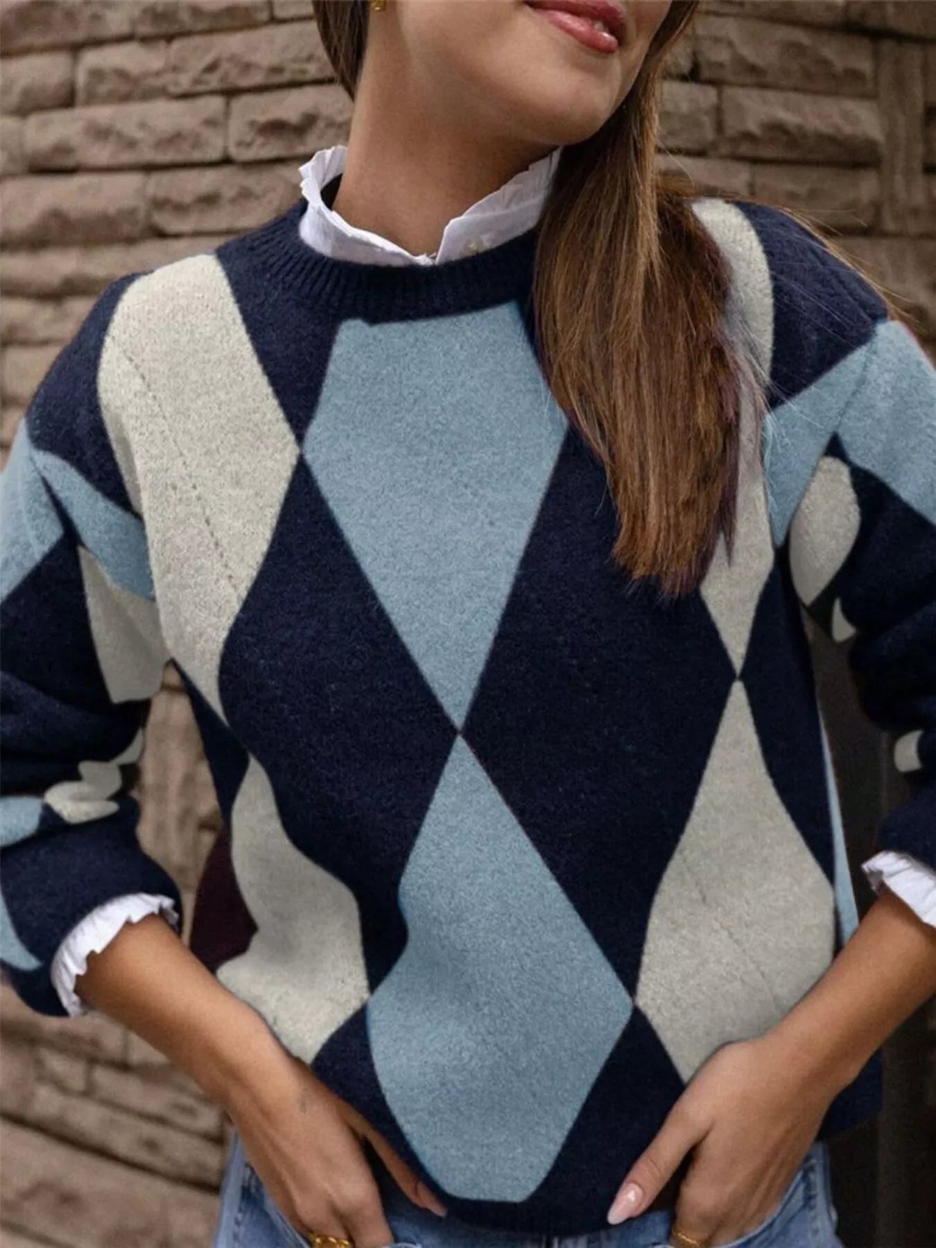 Vintage Argyle Round Neck Sweater