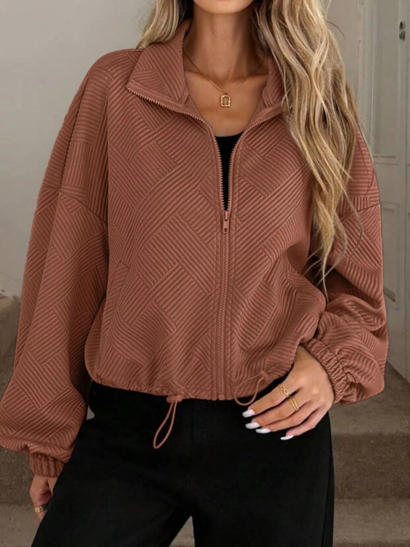 Textured Zip-Up Drawstring Hem Jacket