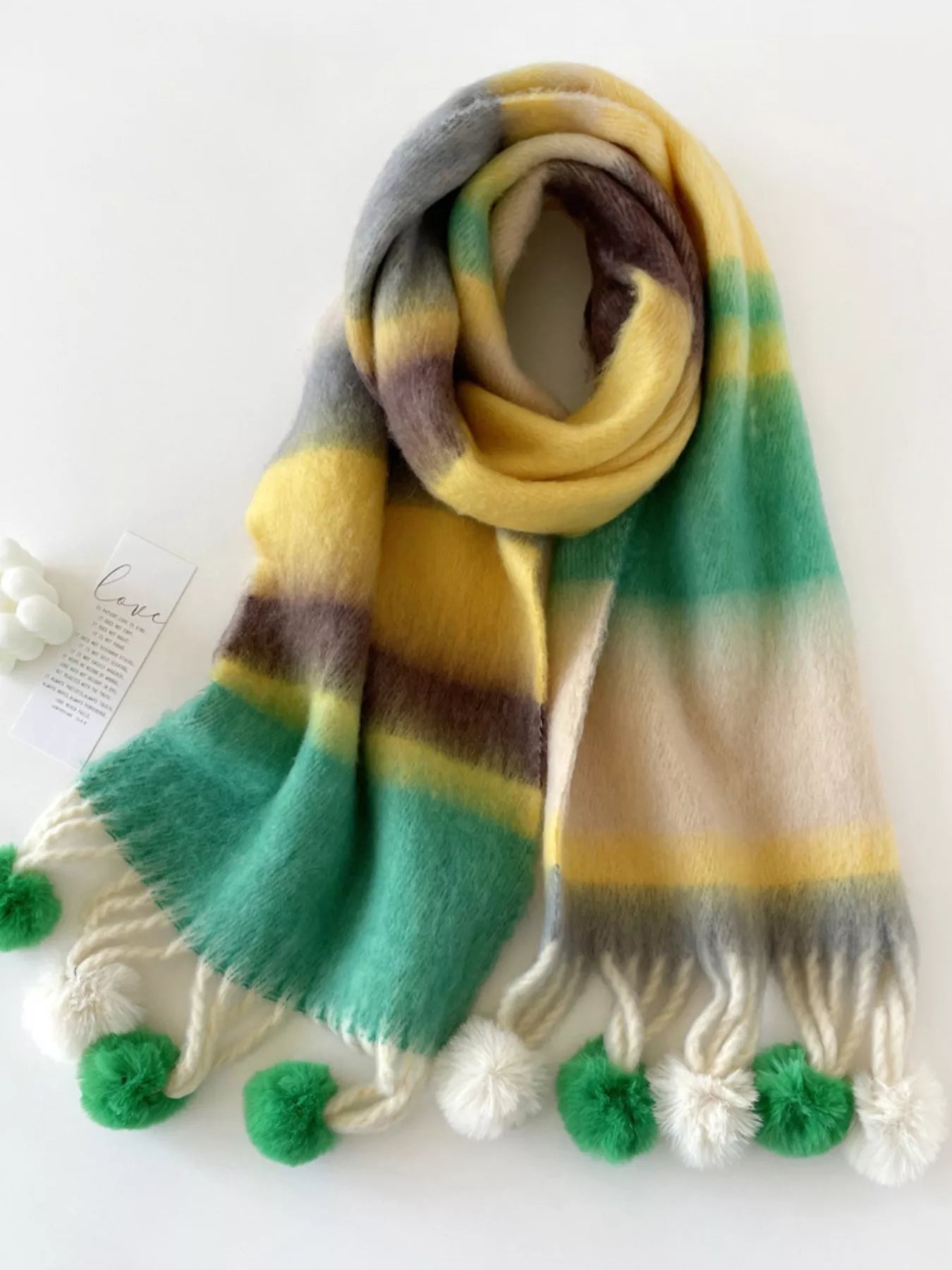 Rainbow Striped Fuzzy Scarf with Pom-Poms