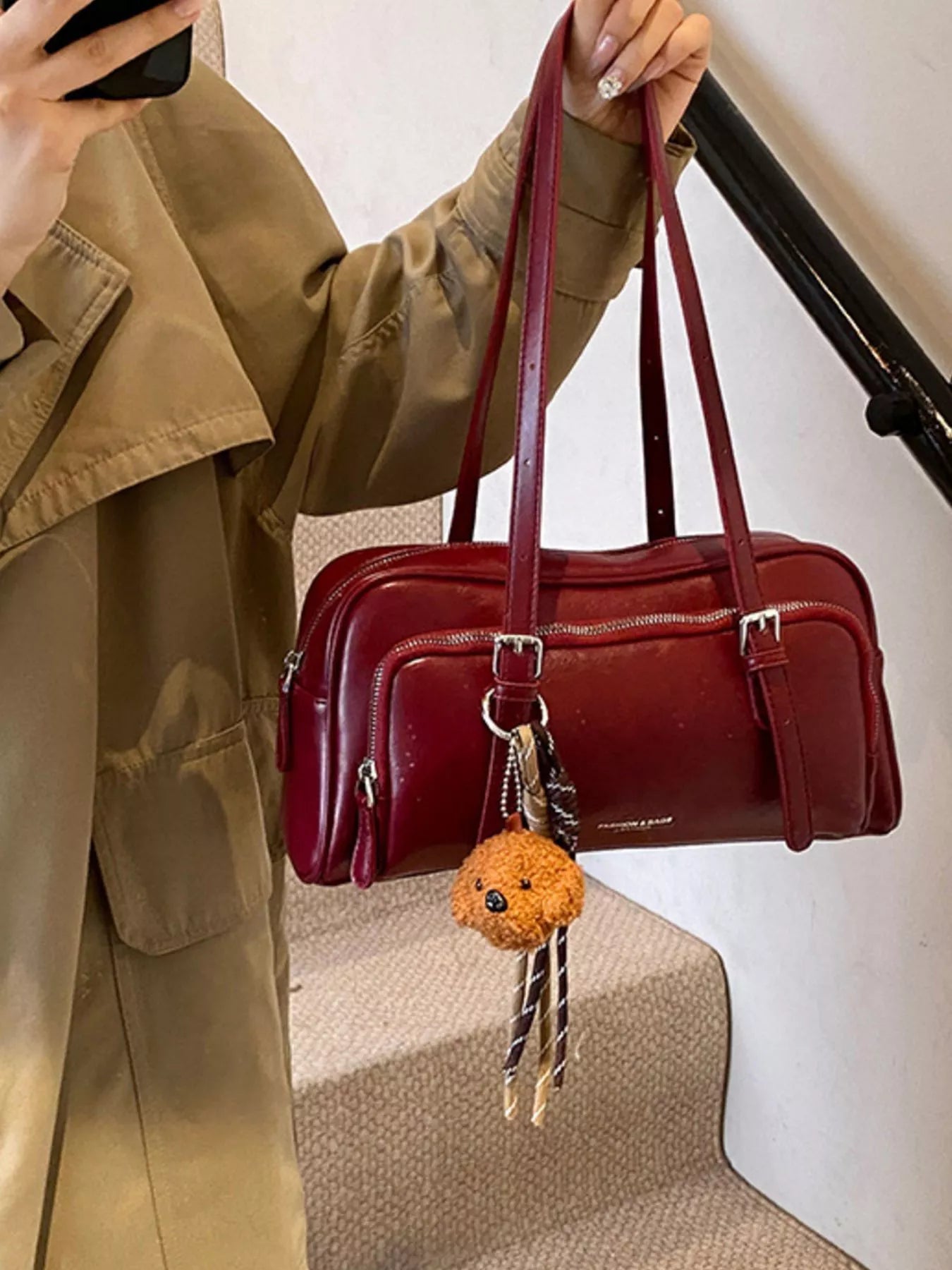 Vintage Style Leather Shoulder Bag with Charm