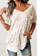 Leopard Print V Neck Side Slit Loose Fit T Shirt