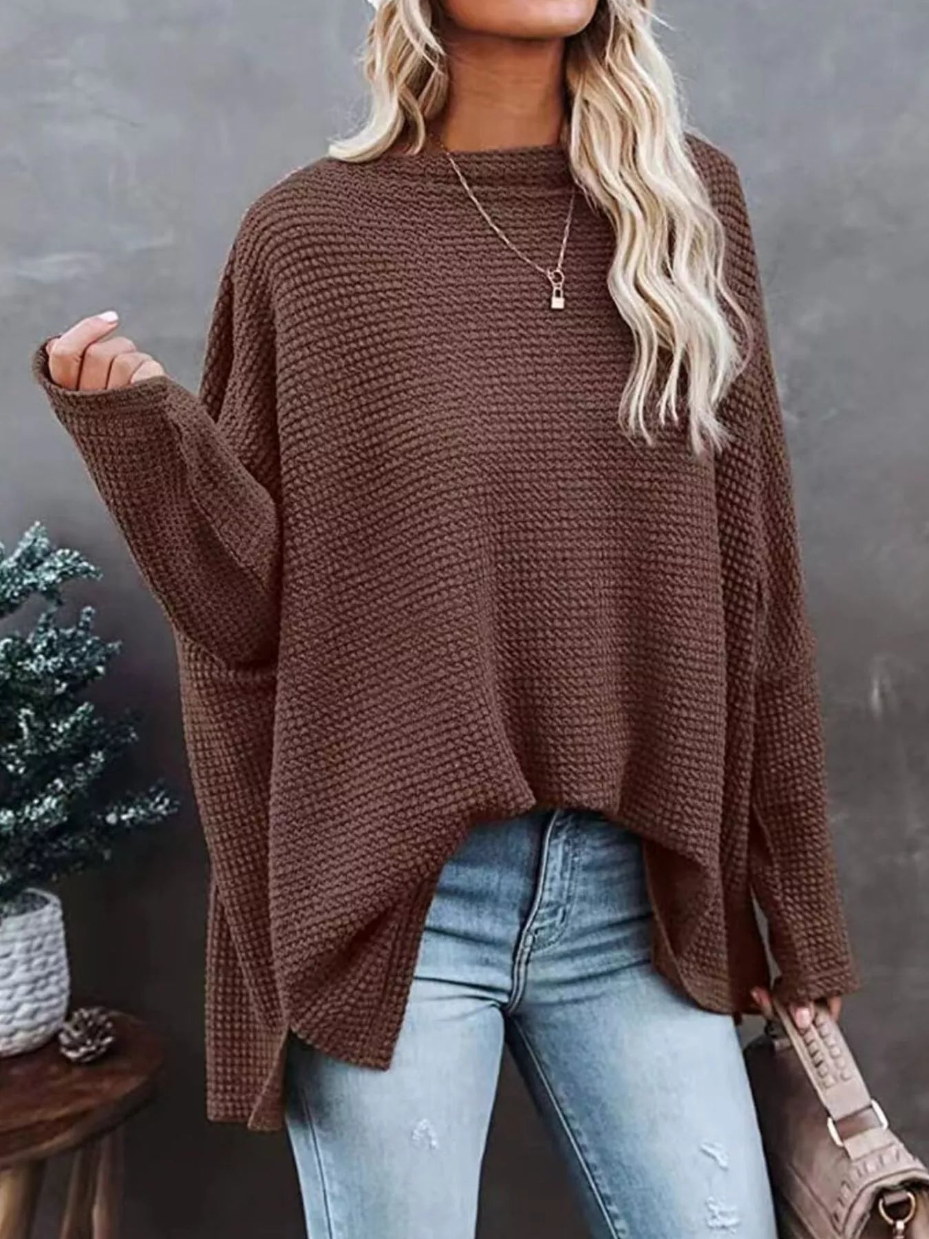 Waffle Knit Boat Neck T-Shirt