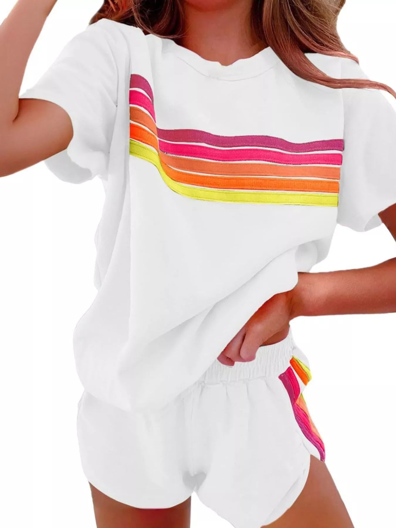Rainbow Striped Round Neck Top and Shorts Set