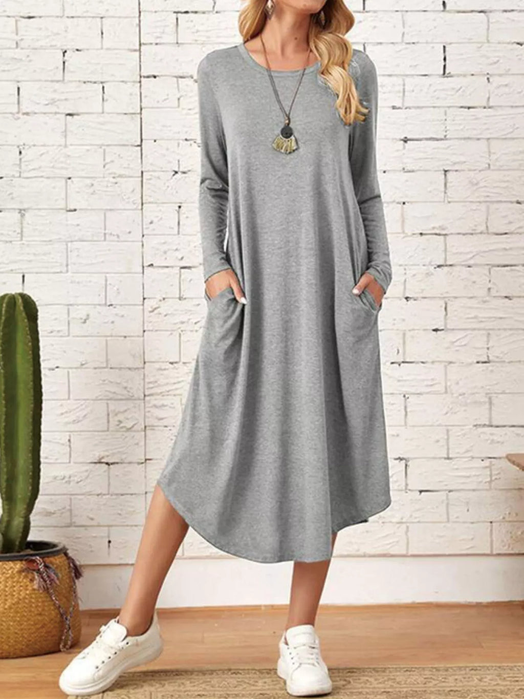 Casual Long Sleeve Pocket Midi Dress