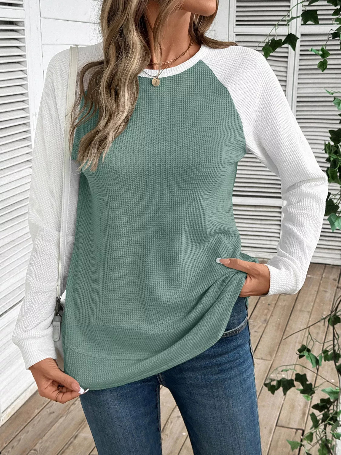 Waffle Knit Raglan Sleeve T-Shirt