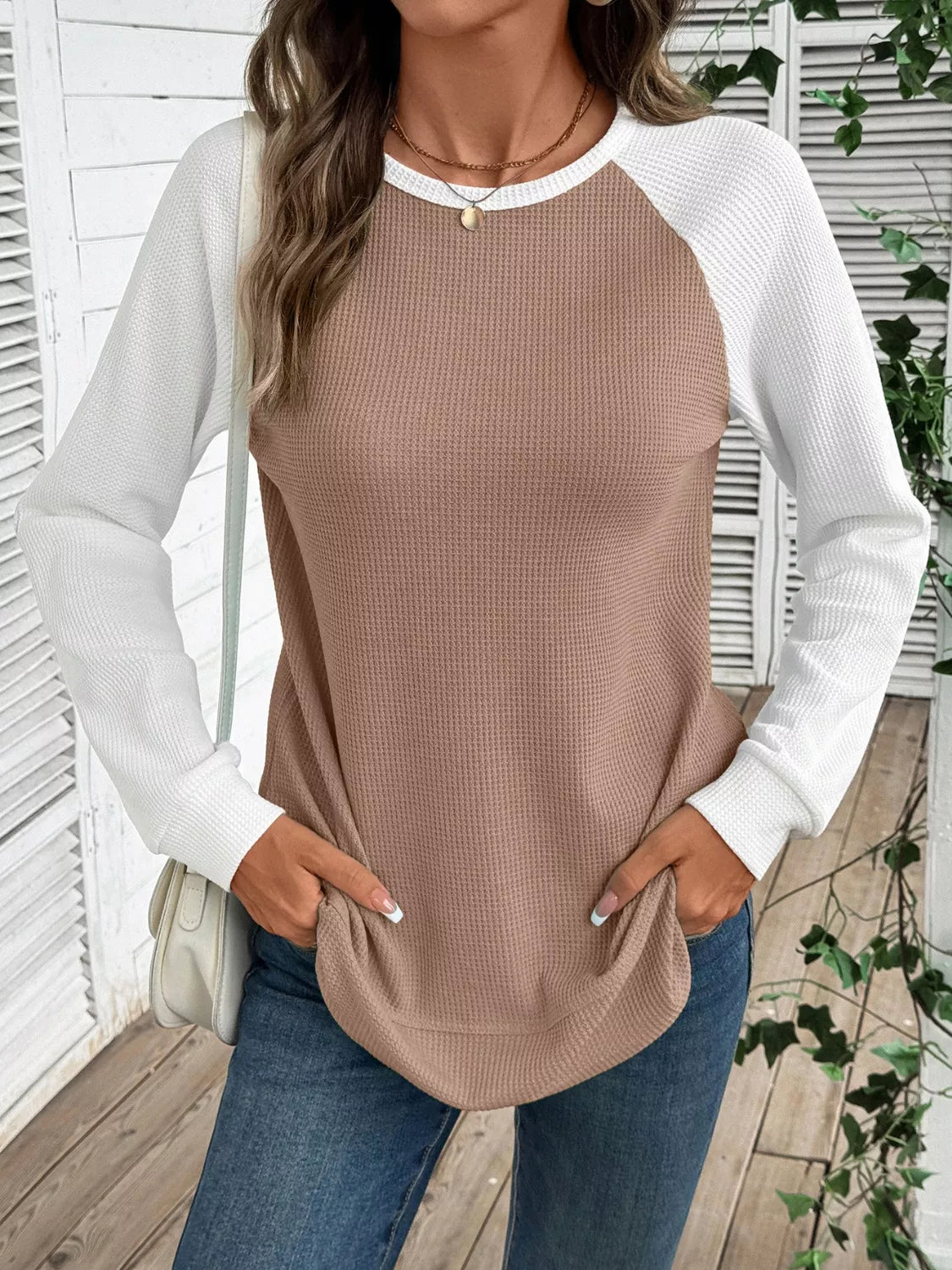 Waffle Knit Raglan Sleeve T-Shirt