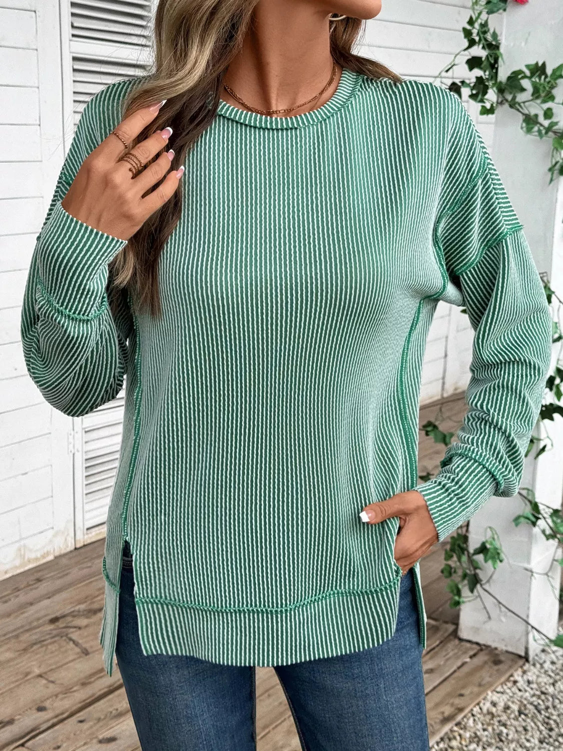 Side Slit Round Neck Sweatshirt
