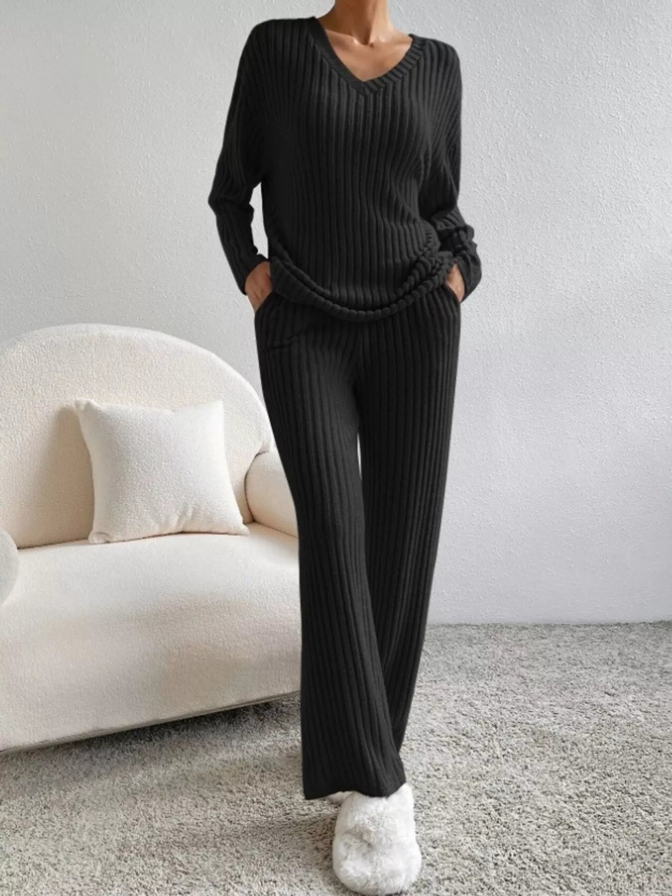 Ribbed Knit V-Neck Top and Pants Set