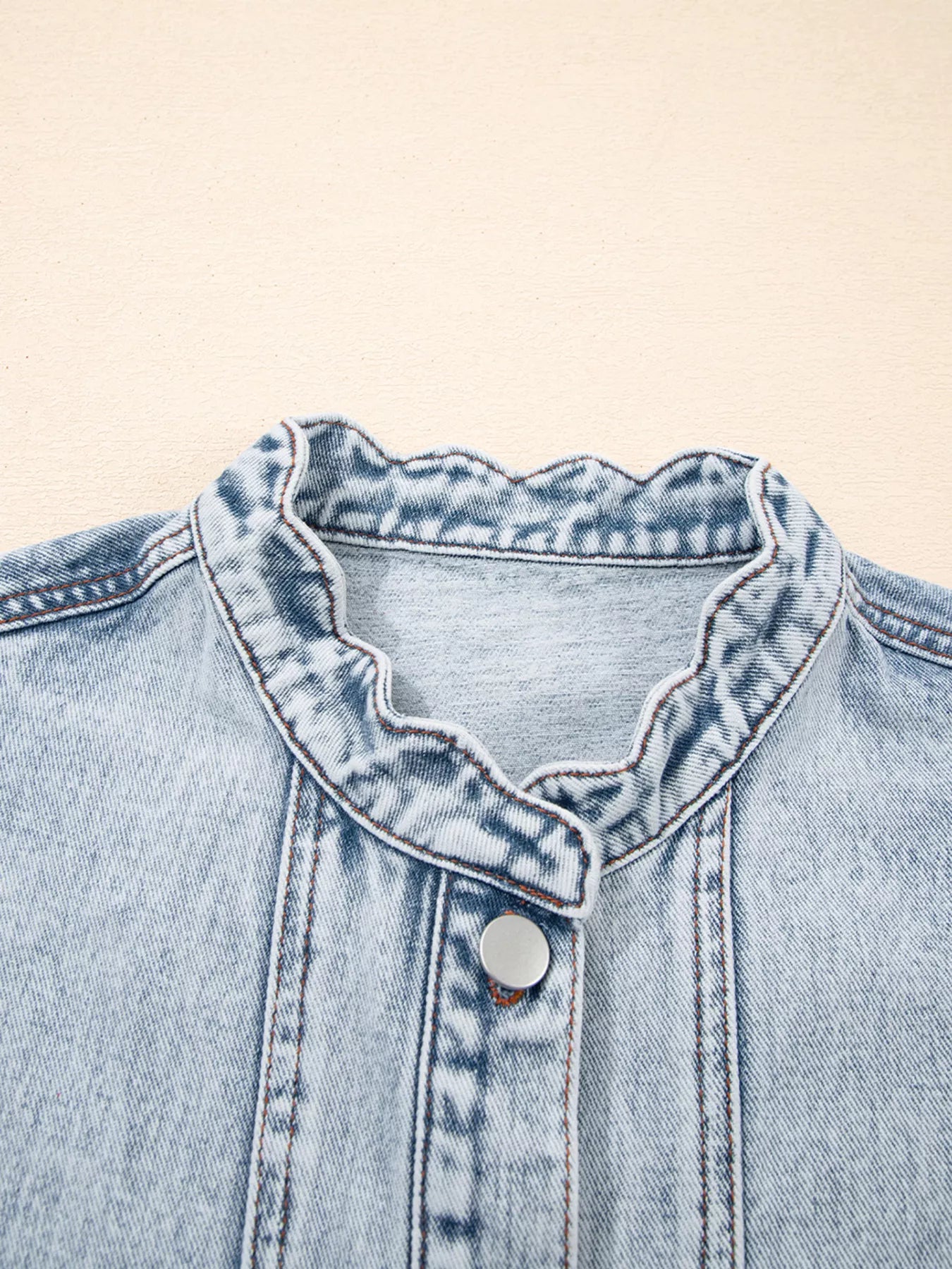 Scalloped Trim Patch Pocket Button Front Denim Vest