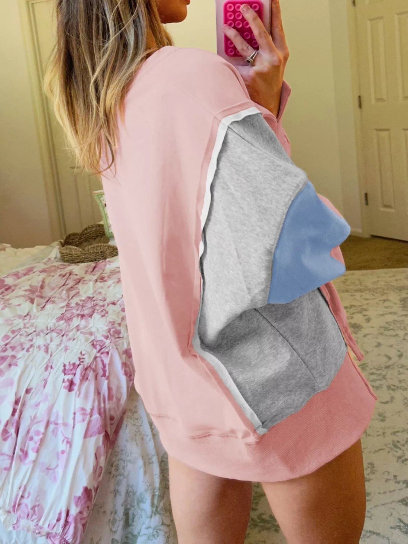 Exposed Seam Color Block Patchwork Slit Cuffs Oversize Sweatshirt