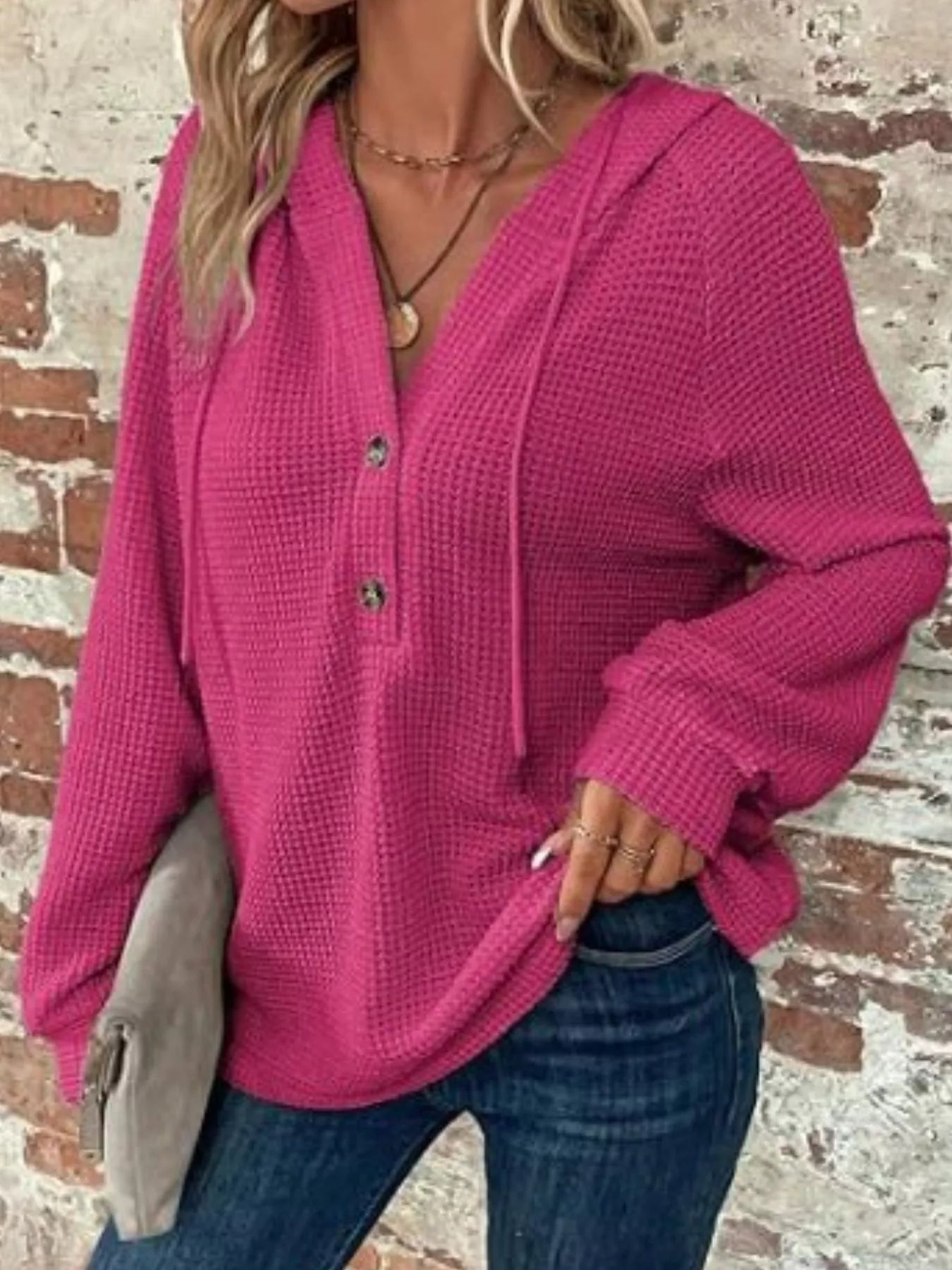 Waffle Knit Button Detail Hoodie