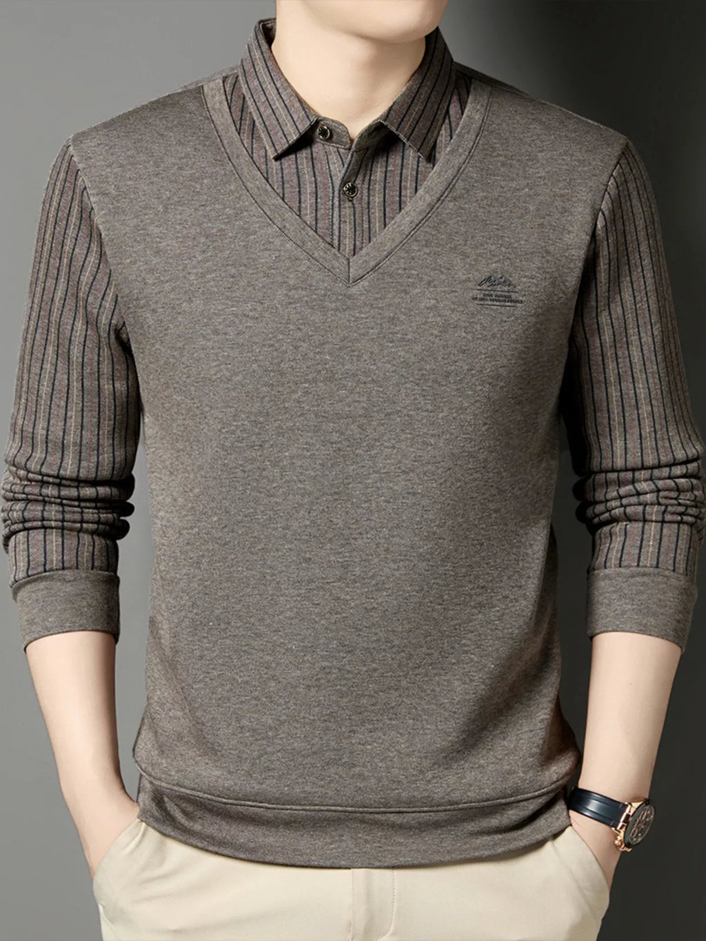 Men's Plus Size Striped Long Sleeve Polo