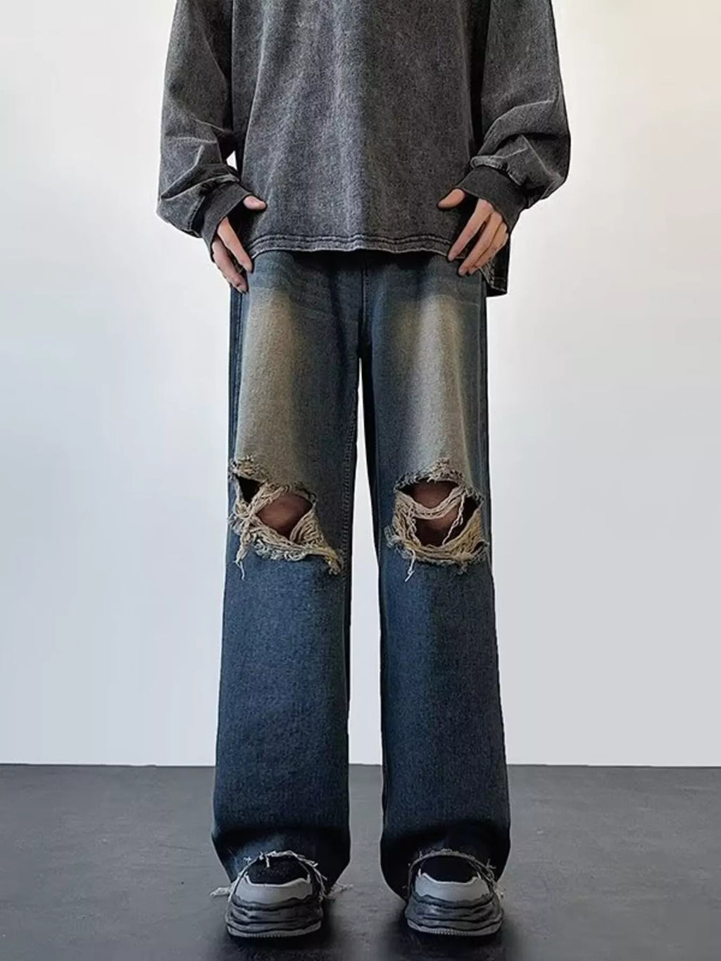 Men's Full Size Distressed Wide Leg Jeans Plus Size