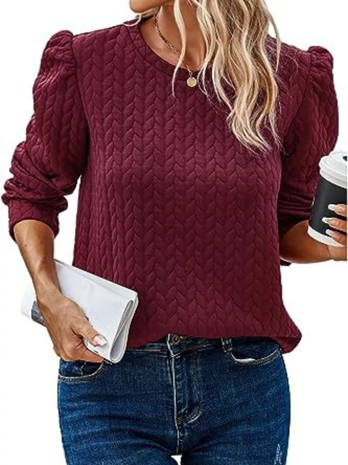 Textured Round Neck Long Sleeve Blouse