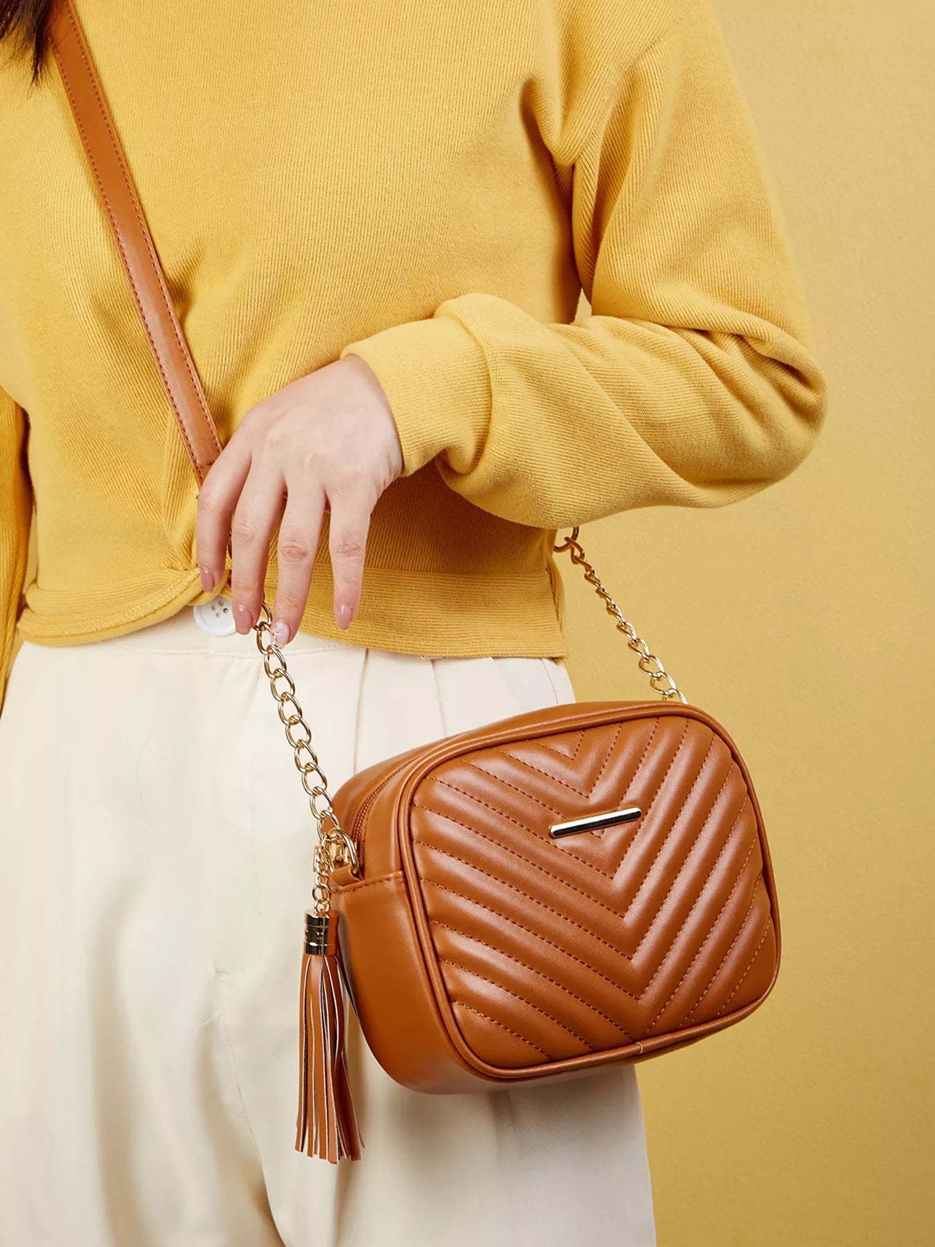 Quilted PU Leather Crossbody Bag with Tassel