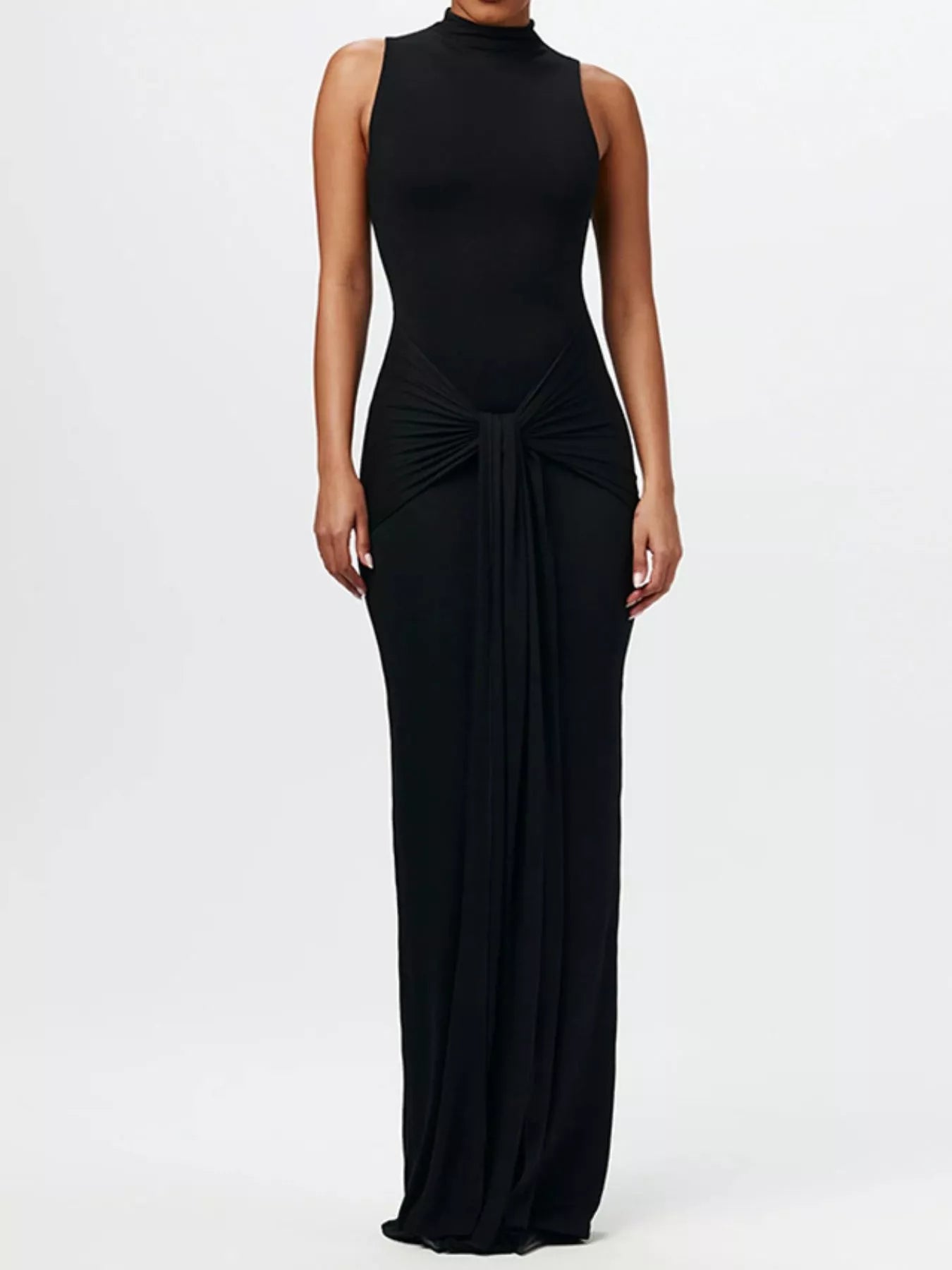 Sleeveless Mock Neck Knot Front Maxi Dress