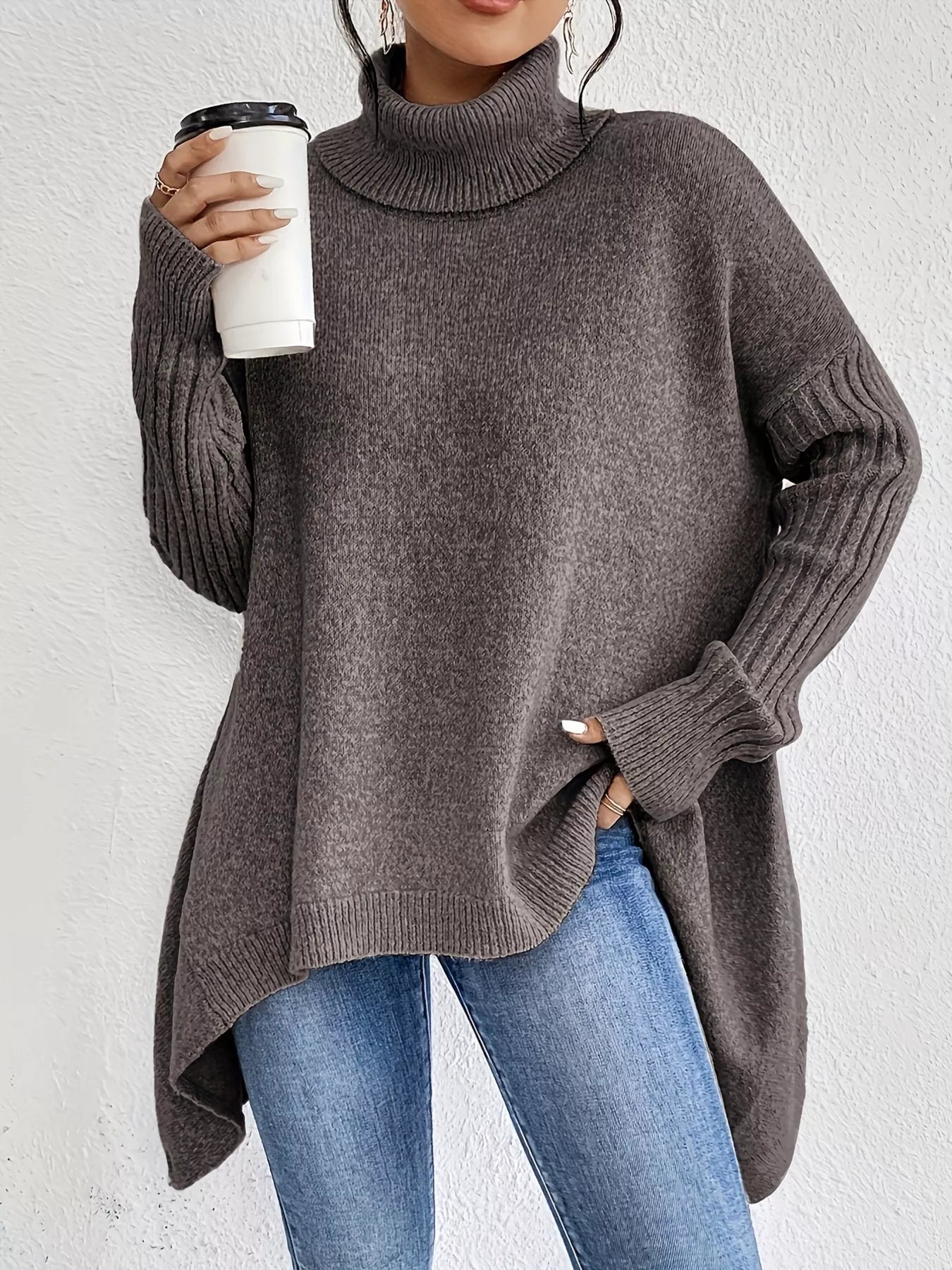Turtleneck High-Low Hem Sweater