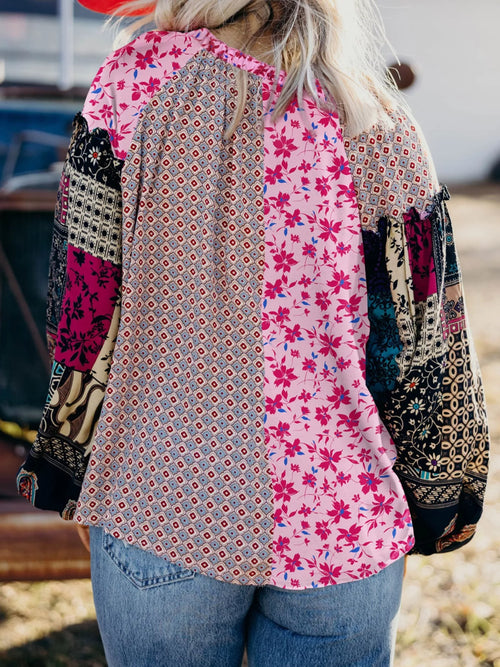 Boho Mixed Floral Drop Shoulder Bubble Sleeve Blouse