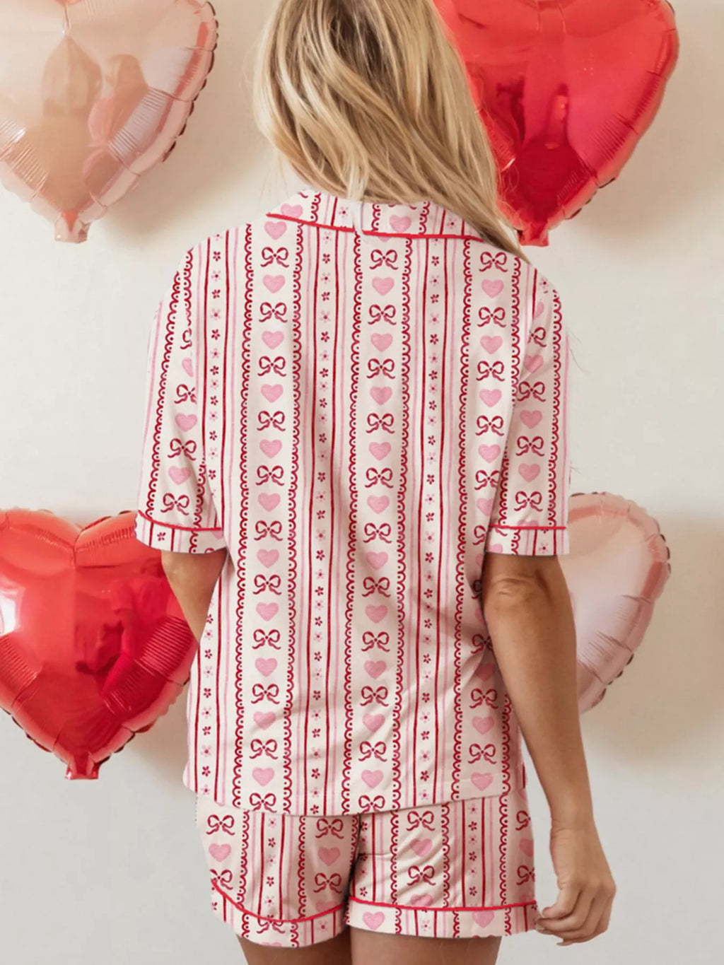 Bow Heart Print Ribbon Decor Short 2pcs Pajama Set