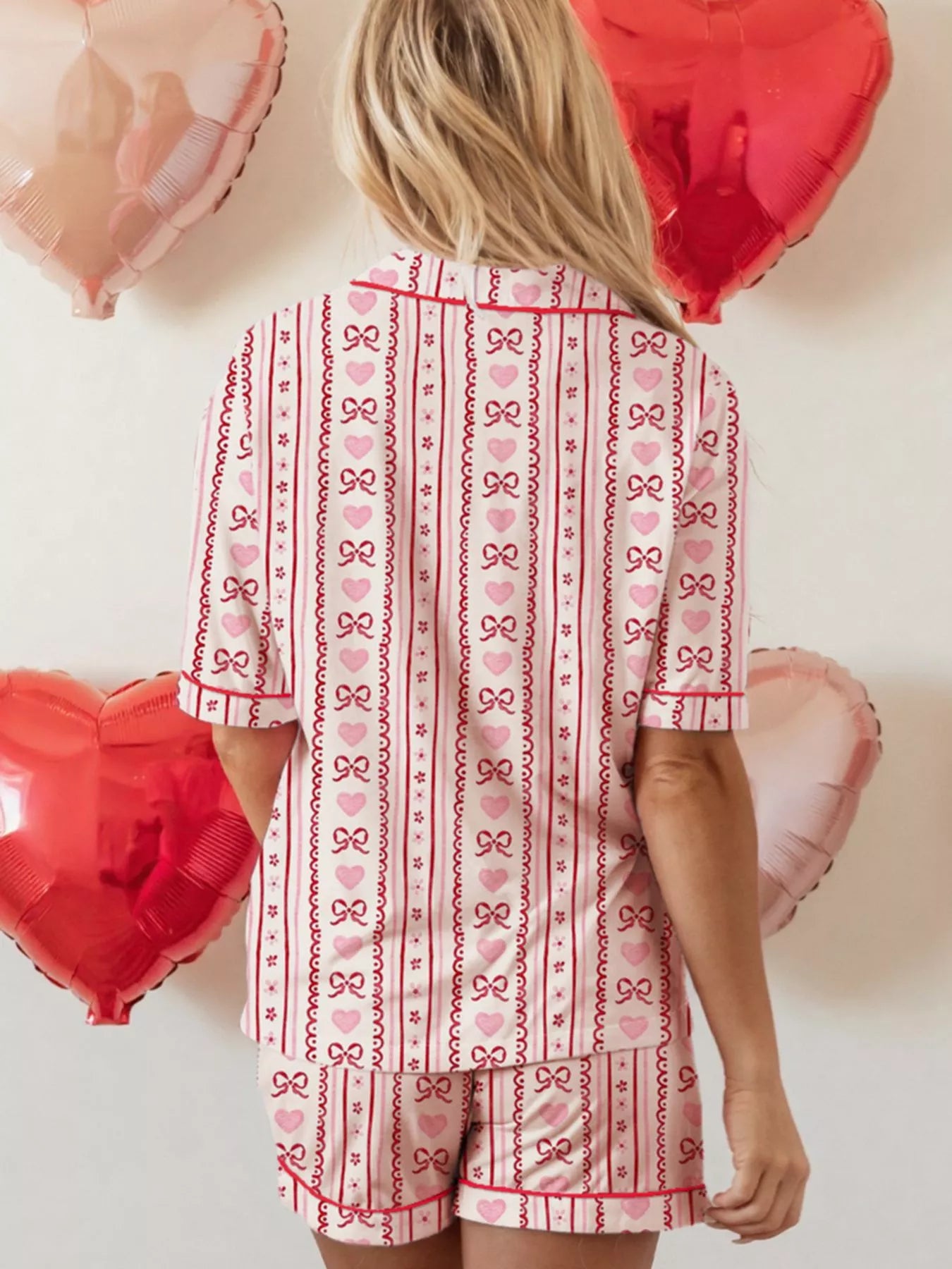 Bow Heart Print Ribbon Decor Short 2pcs Pajama Set