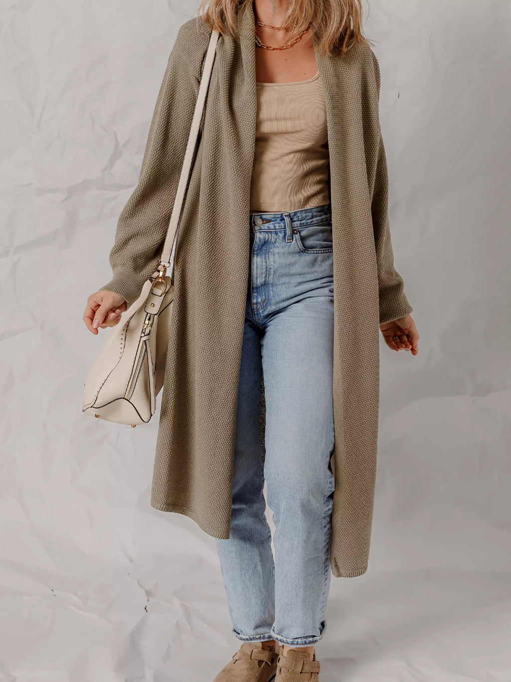 Solid Color Textured Knit Open Front Oversize Cardigan