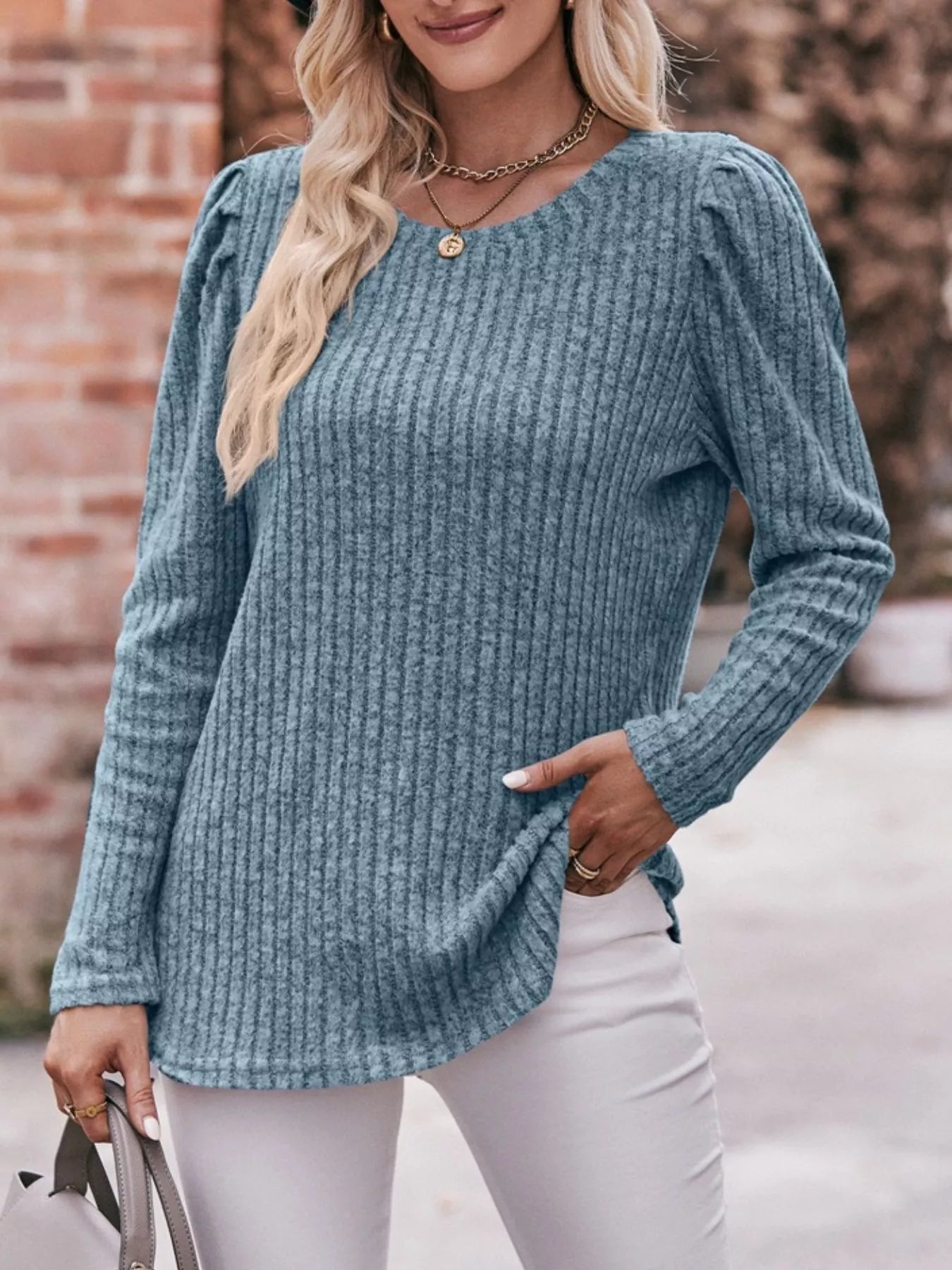 Ribbed Knit Puff Sleeve T-Shirt