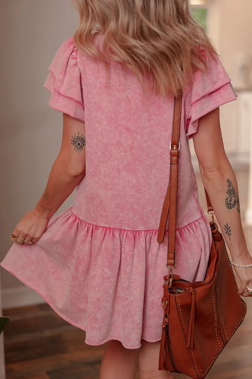 Mineral Wash Raw Edge Ruffle Mini Dress