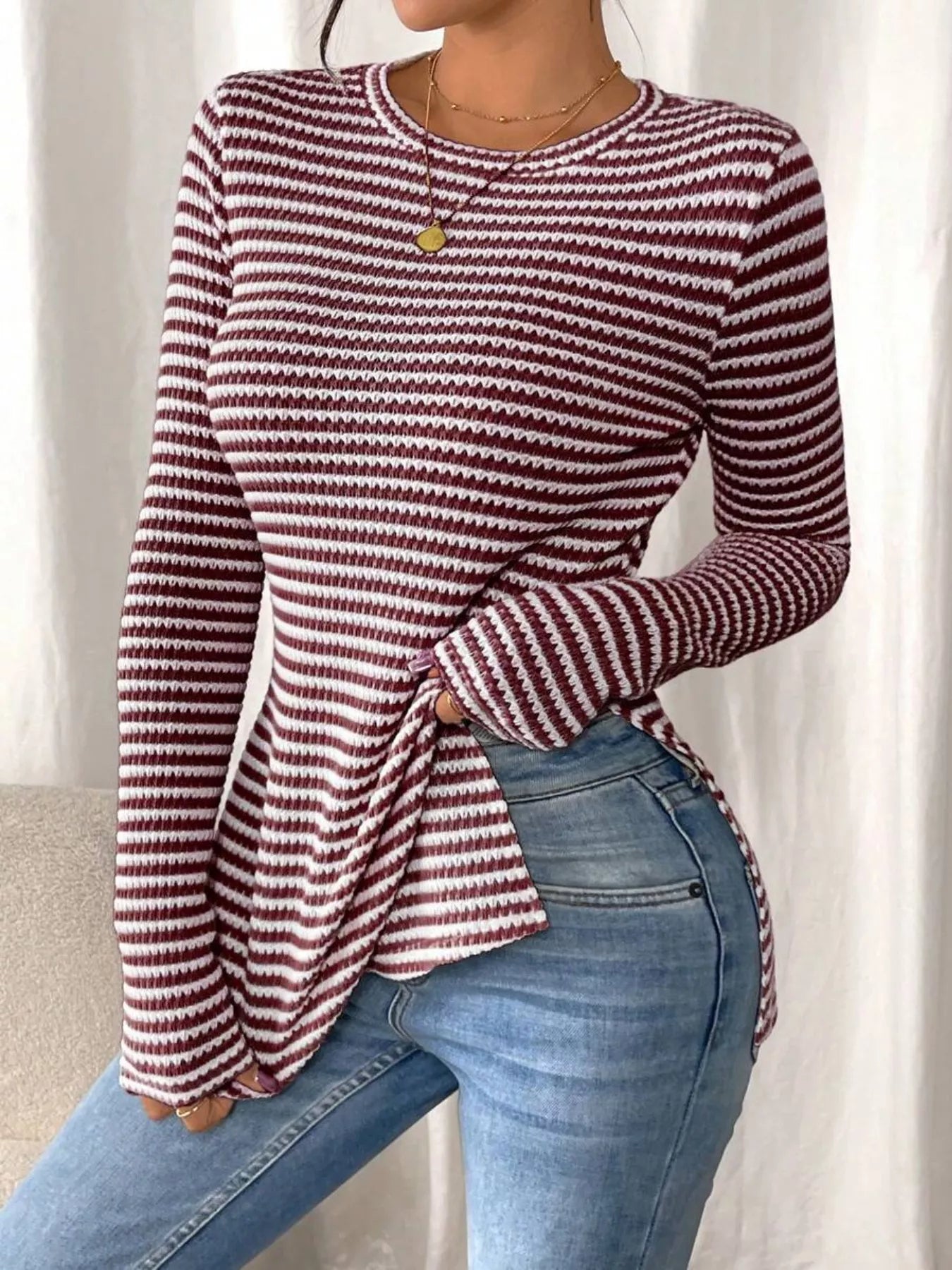 Slit Striped Long Sleeve Casual T-Shirt
