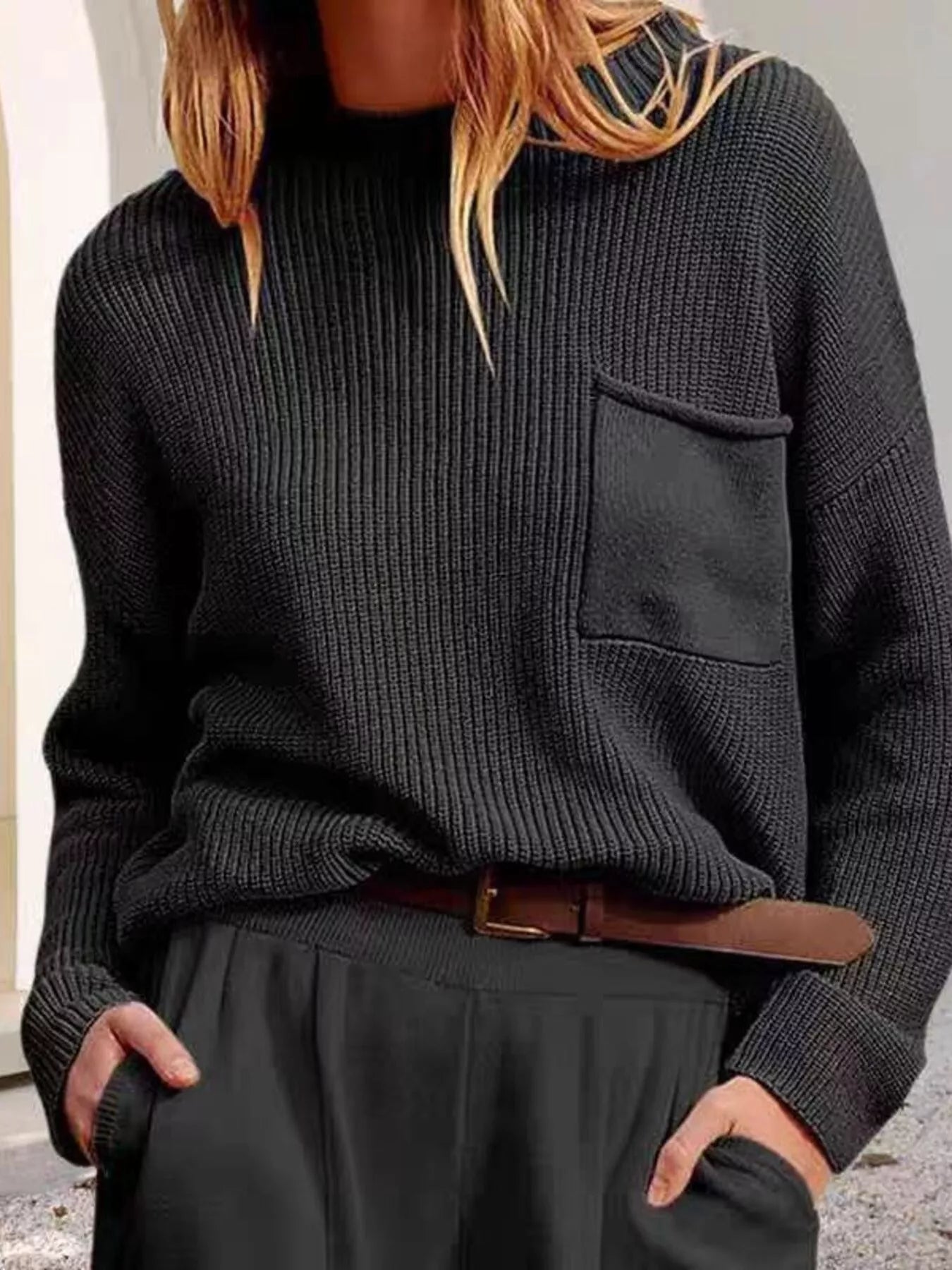 Pocket Detail Dropped Shoulder Sweater