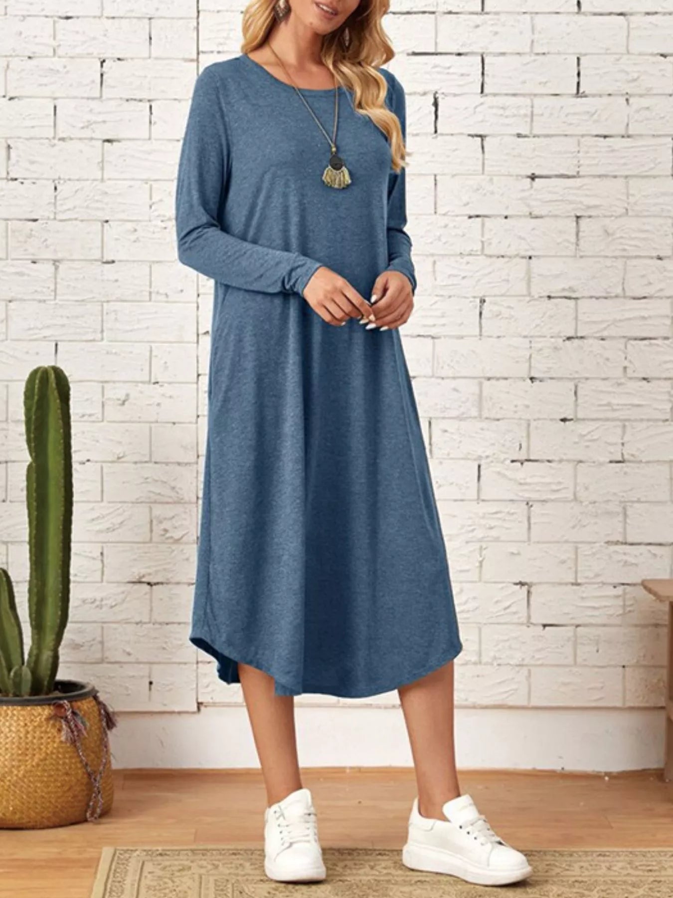 Casual Long Sleeve Pocket Midi Dress