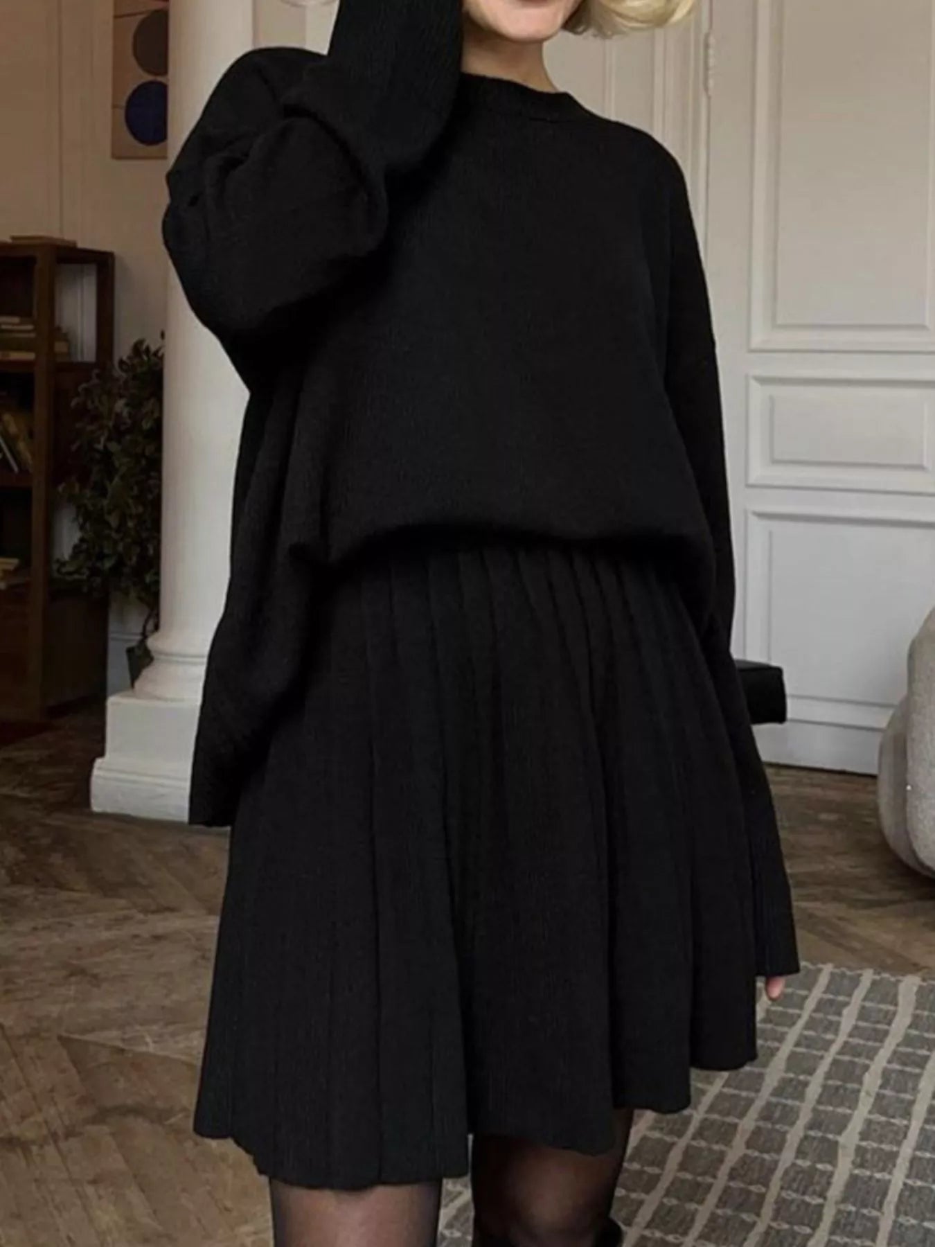 Round Neck Top and Pleated Skirt Sweater Set