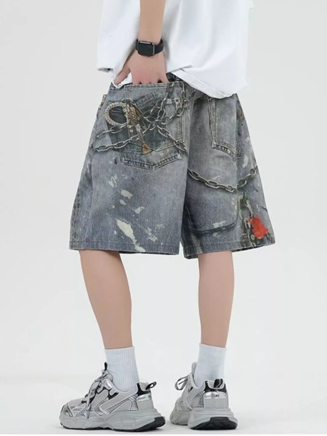 Men's Full Size Vintage Chain Print Denim Shorts Plus Size