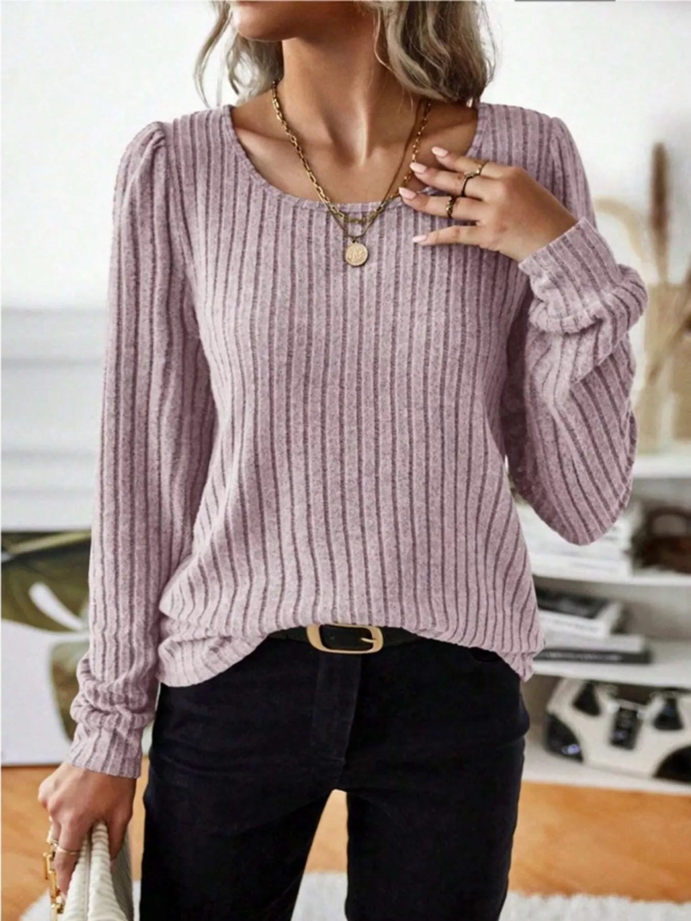 Ribbed Knit Long Sleeve T-Shirt