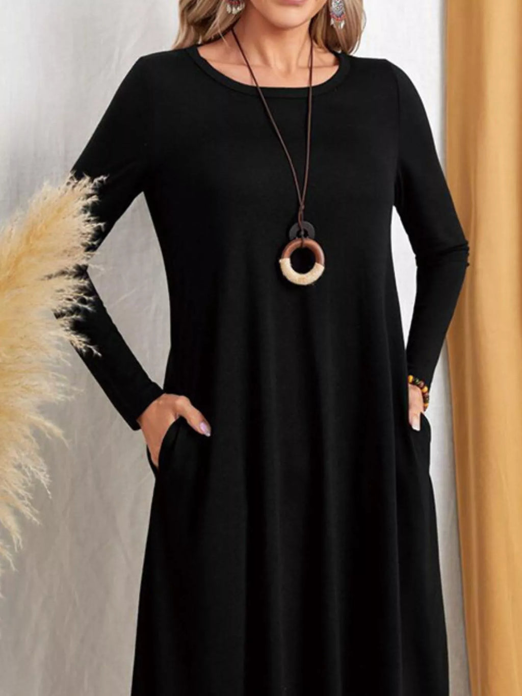 Casual Long Sleeve Pocket Midi Dress