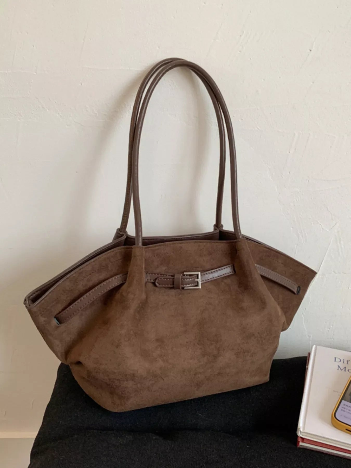 Solid Color Buckle Tote Bag