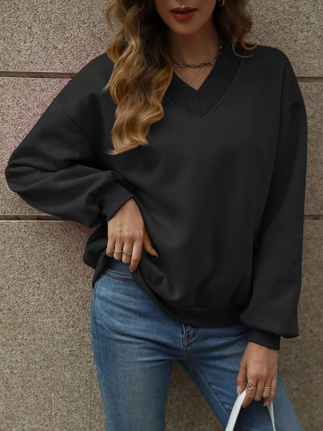 V-Neck Solid Color Casual Sweatshirt