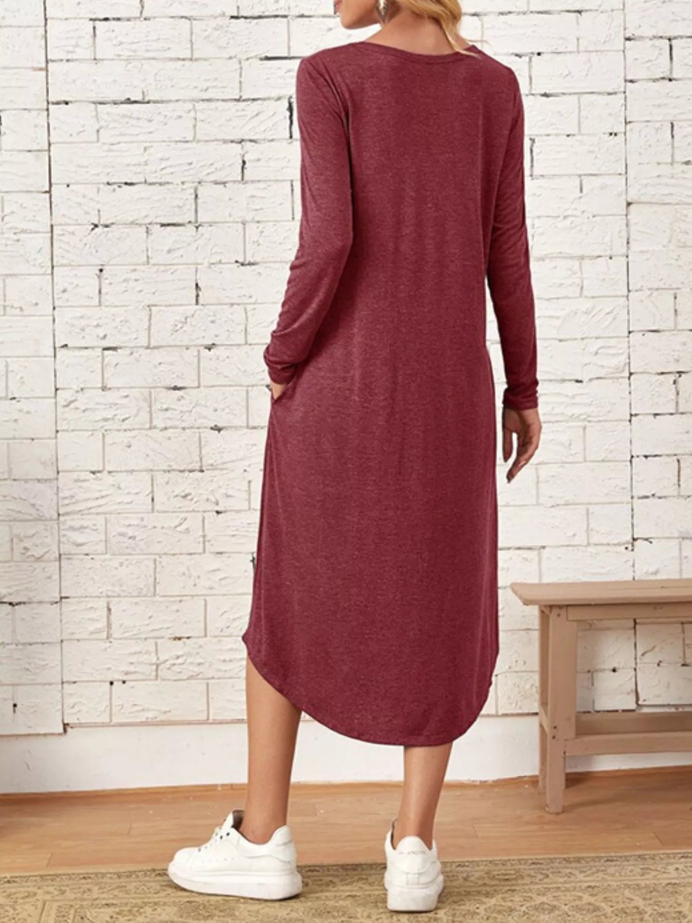 Casual Long Sleeve Pocket Midi Dress