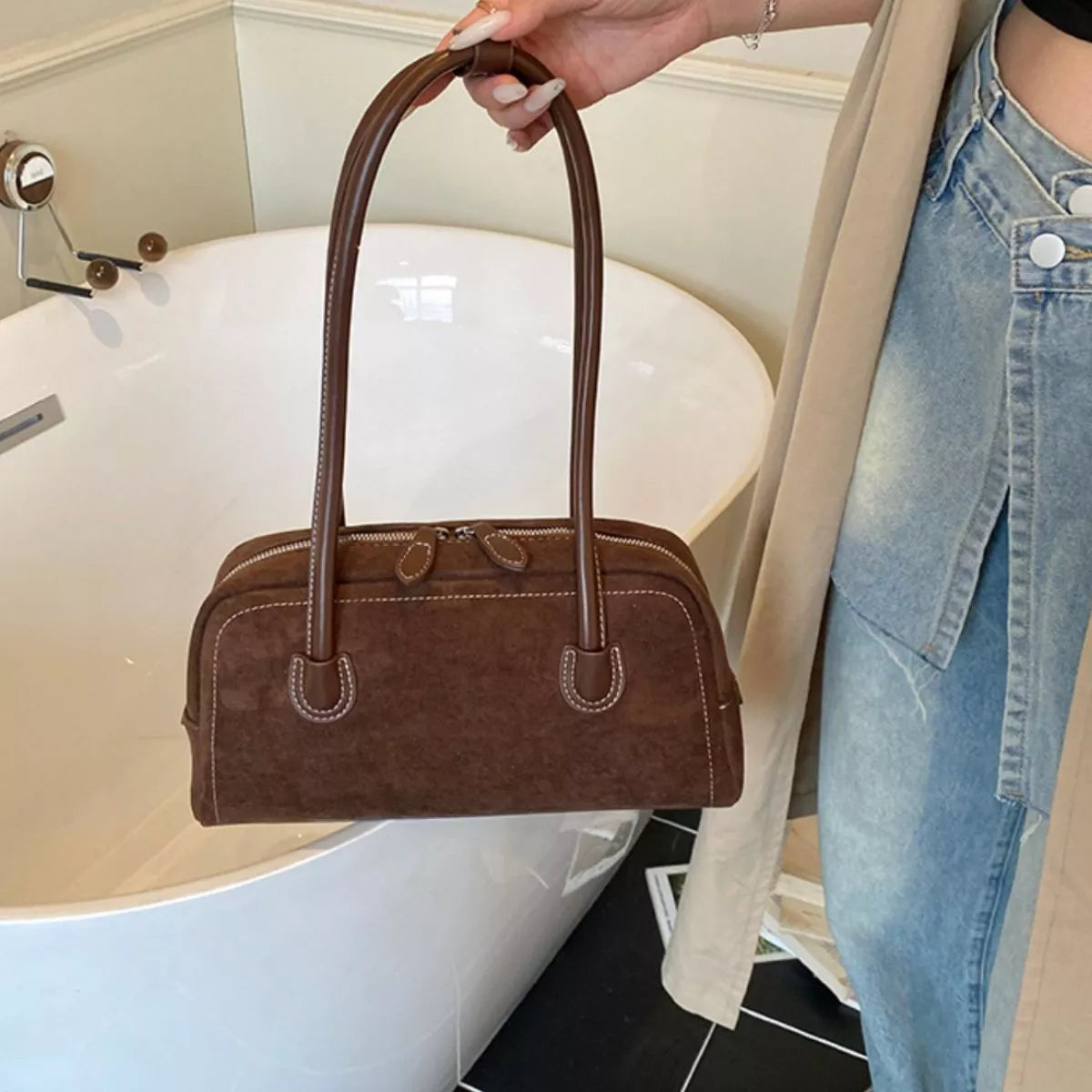 Velvet Shoulder Bag with Leather Strap