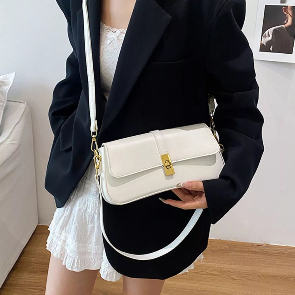Rectangular Crossbody Bag with Golden Buckle