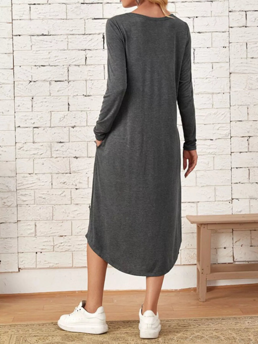 Casual Long Sleeve Pocket Midi Dress