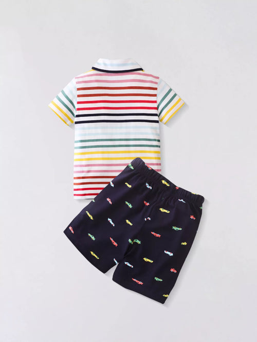 Children's Colorful Striped Polo Shirt and Car Print Shorts Set
