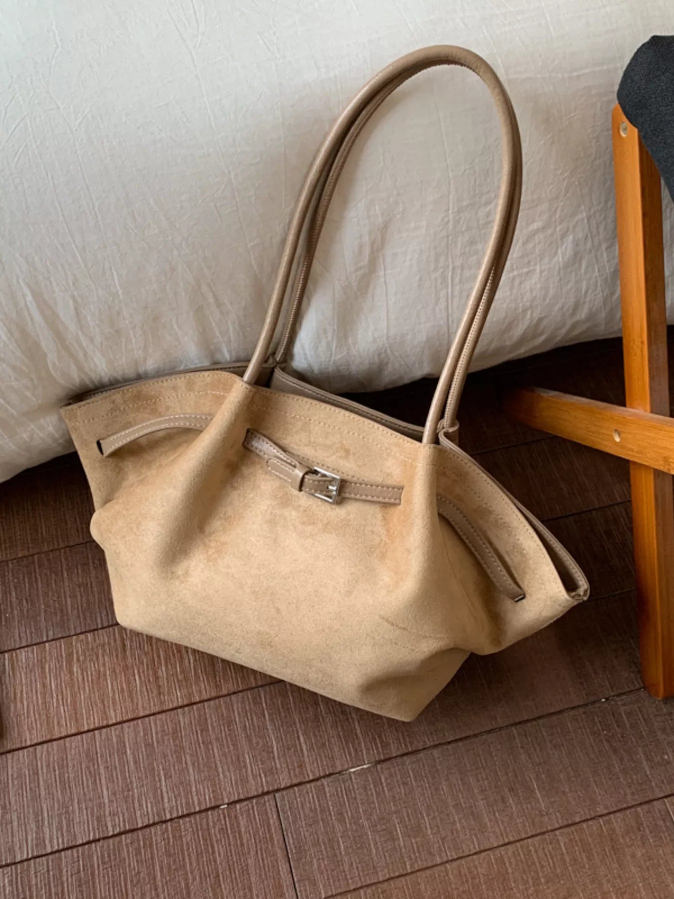 Solid Color Buckle Tote Bag