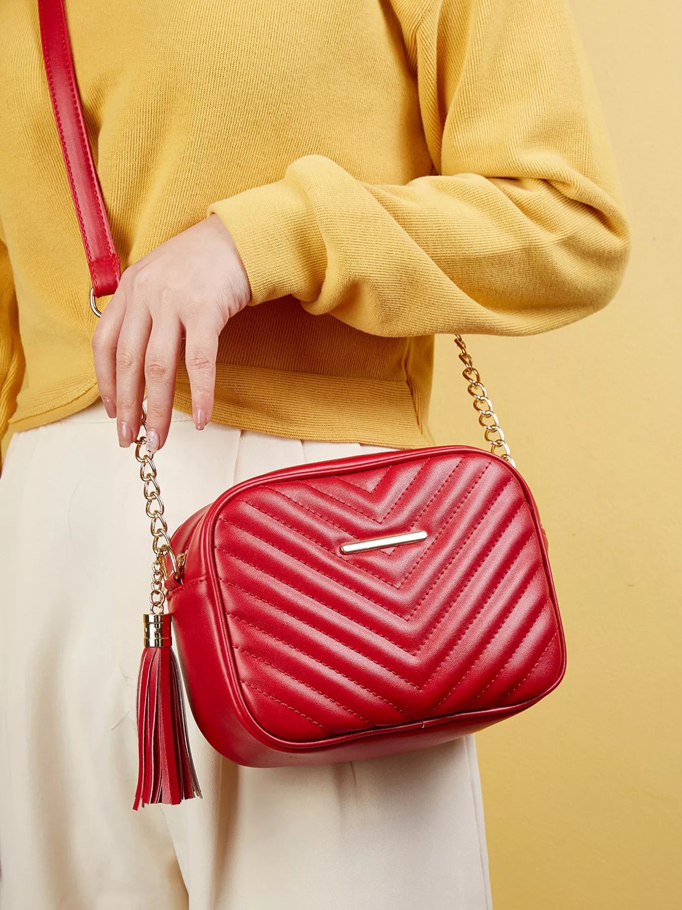 Quilted PU Leather Crossbody Bag with Tassel