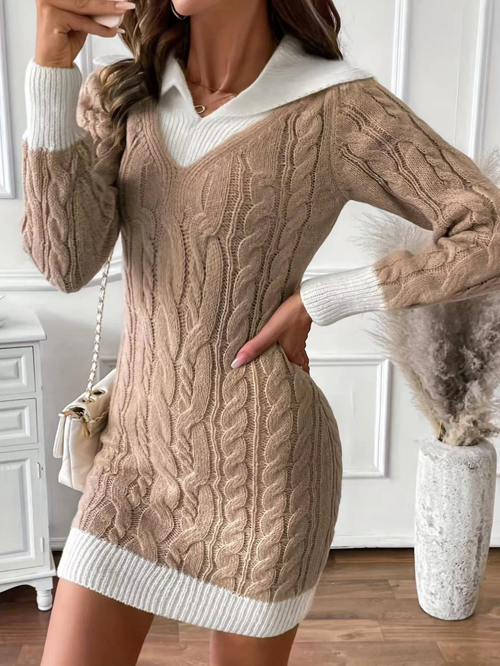 Cable Knit Contrast Trim Sweater Dress