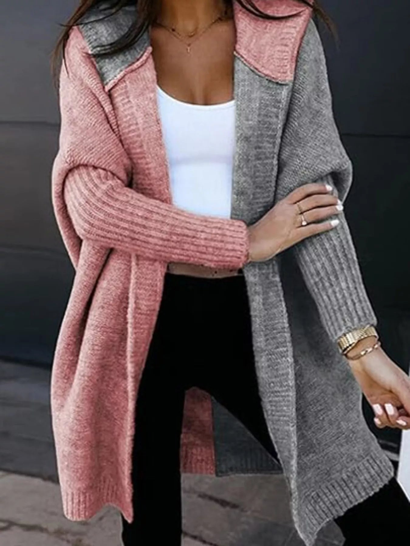 Two-Tone Open Front Knit Hooded Cardigan