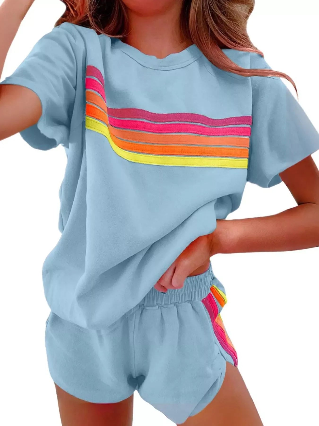 Rainbow Striped Round Neck Top and Shorts Set