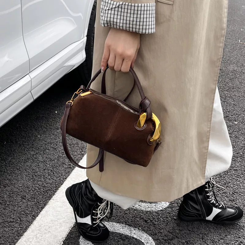 Suede Crossbody Bag with Gold Hardware