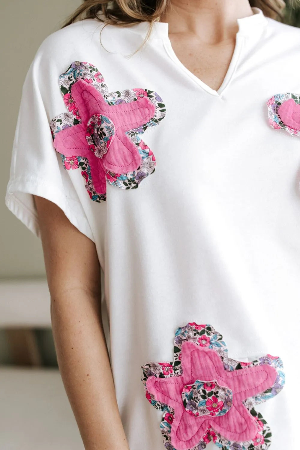 Floral Applique Notched Dolman Sleeve Top